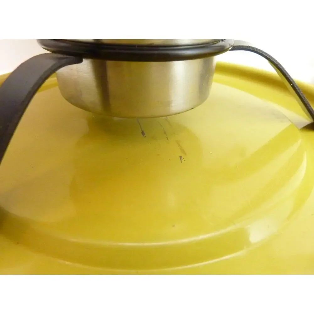 Vintage MCM Japan Yellow Aluminum Fondue Pot Set Wood Handles Plates